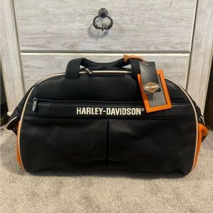 Harley Davidson Leather duffel, travel bag, black and orange